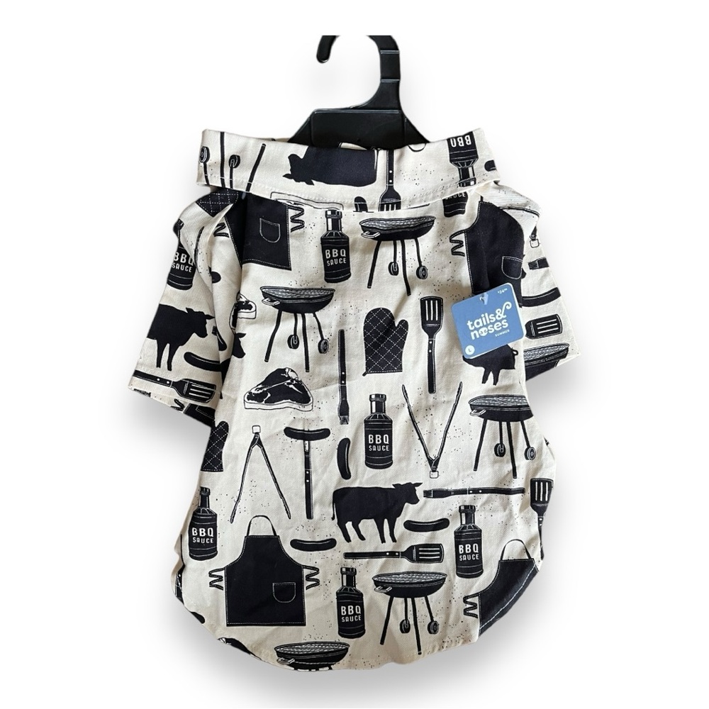 Tails & Noses Black and White BBQ Cookout Barbecue Collared Dog Shirt Size Large